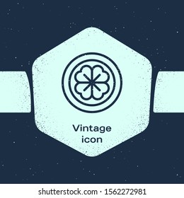 Grunge line Gold coin with four leaf clover icon isolated on blue background. Happy Saint Patricks day. Monochrome vintage drawing. Vector Illustration