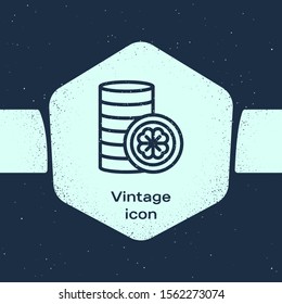 Grunge line Gold coin with four leaf clover icon isolated on blue background. Happy Saint Patricks day. Monochrome vintage drawing. Vector Illustration