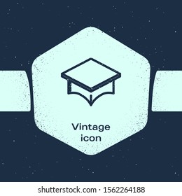 Grunge line Graduation cap icon isolated on blue background. Graduation hat with tassel icon. Monochrome vintage drawing. Vector Illustration