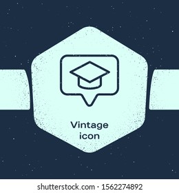 Grunge line Graduation cap in speech bubble icon isolated on blue background. Graduation hat with tassel icon. Monochrome vintage drawing. Vector Illustration