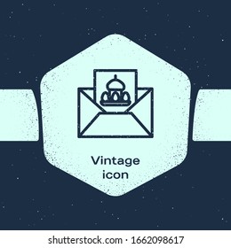 Grunge line Greeting card with Happy Easter icon isolated on blue background. Celebration poster template for invitation or greeting card. Monochrome vintage drawing. Vector Illustration