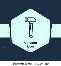 Grunge line Hammer icon isolated on blue background. Tool for repair. Monochrome vintage drawing. Vector Illustration
