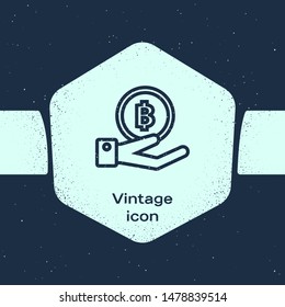 Grunge line Hand holding Bitcoin icon isolated on blue background. Blockchain technology, digital money market, cryptocoin wallet. Monochrome vintage drawing. Vector Illustration