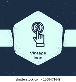 Grunge line Hand holding coin icon isolated on blue background. Dollar or USD symbol. Cash Banking currency sign. Monochrome vintage drawing. Vector Illustration