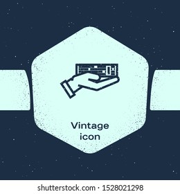 Grunge line Hand holding deck of playing cards icon isolated on blue background. Casino gambling. Monochrome vintage drawing. Vector Illustration