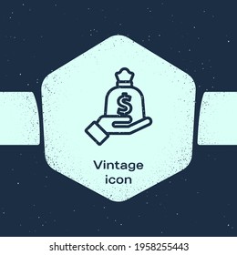 Grunge line Hand holding money bag icon isolated on blue background. Dollar or USD symbol. Cash Banking currency sign. Monochrome vintage drawing. Vector