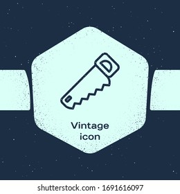 Grunge line Hand saw icon isolated on blue background. Monochrome vintage drawing. Vector Illustration