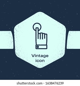 Grunge line Hand touch and tap gesture icon isolated on blue background. Click here, finger, touch, pointer, cursor, mouse symbol. Monochrome vintage drawing. Vector Illustration