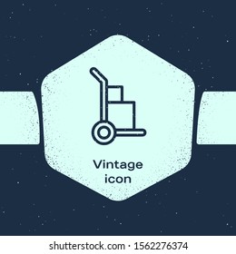 Grunge line Hand truck and boxes icon isolated on blue background. Dolly symbol. Monochrome vintage drawing. Vector Illustration