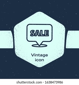 Grunge line Hanging sign with text Sale icon isolated on blue background. Signboard with text Sale. Monochrome vintage drawing. Vector Illustration