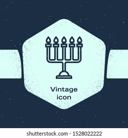 Grunge line Hanukkah menorah icon isolated on blue background. Hanukkah traditional symbol. Holiday religion, jewish festival of Lights. Monochrome vintage drawing. Vector Illustration