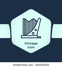 Grunge line Harp icon isolated on blue background. Classical music instrument, orhestra string acoustic element. Monochrome vintage drawing. Vector Illustration