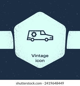 Grunge line Hearse car icon isolated on blue background. Monochrome vintage drawing. Vector