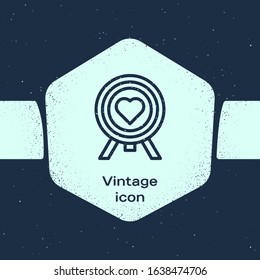 Grunge line Heart in the center of darts target aim icon isolated on blue background. Valentines day. Monochrome vintage drawing. Vector Illustration