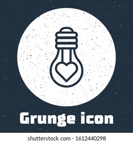Grunge line Heart shape in a light bulb icon isolated on grey background. Love symbol. Valentine day symbol. Monochrome vintage drawing. Vector Illustration