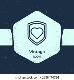 Grunge line Heart with shield icon isolated on blue background. Love symbol. Security, safety, protection, protect concept. Valentines day. Monochrome vintage drawing. Vector Illustration