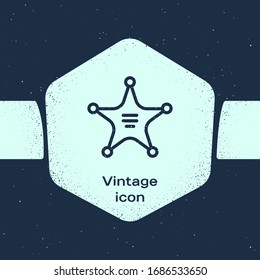 Icono del sheriff de la línea Grunge Hexagram aislado en fondo azul. Icono de la placa de la policía. Dibujo de época monocromo. Ilustración vectorial
