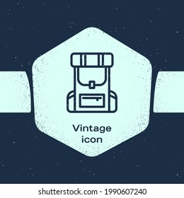 Grunge line Hiking backpack icon isolated on blue background. Camping and mountain exploring backpack. Monochrome vintage drawing. Vector Illustration