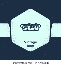 Grunge line Hotdog sandwich with mustard icon isolated on blue background. Sausage icon. Street fast food menu. Monochrome vintage drawing. Vector Illustration