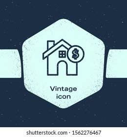 Grunge line House with dollar symbol icon isolated on blue background. Home and money. Real estate concept. Monochrome vintage drawing. Vector Illustration