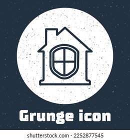 Grunge line House under protection icon isolated on grey background. Home and shield. Protection, safety, security, protect, defense concept. Monochrome vintage drawing. Vector