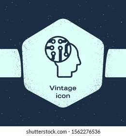 Grunge line Human brain as digital circuit board icon isolated on blue background. Human head outline with circuit lines inside. Monochrome vintage drawing. Vector Illustration