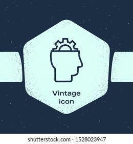 Grunge line Human with gear inside icon isolated on blue background. Artificial intelligence. Thinking brain sign. Symbol work of brain. Monochrome vintage drawing. Vector Illustration