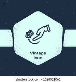 Grunge line Human hand throwing game dice icon isolated on blue background. Monochrome vintage drawing. Vector Illustration