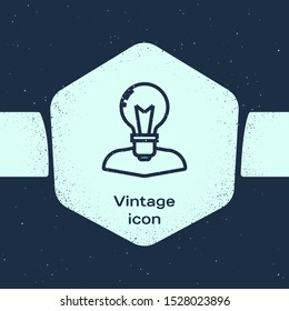 Grunge line Human head with lamp bulb icon isolated on blue background. Monochrome vintage drawing. Vector Illustration