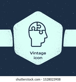 Grunge Line Human Head Puzzles Strategy Icon Isolated On Blue Background. Thinking Brain Sign. Symbol Work Of Brain. Monochrome Vintage Drawing. Vector Illustration