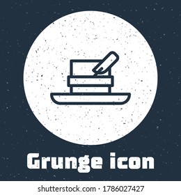 Grunge line Hunter hat with feather icon isolated on grey background. Plaid winter hat. Monochrome vintage drawing. Vector