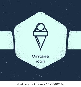 Grunge line Ice cream in waffle cone icon isolated on blue background. Sweet symbol. Monochrome vintage drawing. Vector Illustration