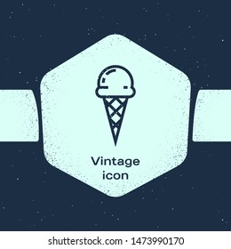Grunge line Ice cream in waffle cone icon isolated on blue background. Sweet symbol. Monochrome vintage drawing. Vector Illustration