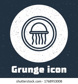 Grunge line Jellyfish on a plate icon isolated on grey background. Monochrome vintage drawing. Vector.
