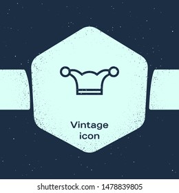 Grunge line Jester hat with bells isolated on blue background. Clown icon. Amusement park funnyman sign. Monochrome vintage drawing. Vector Illustration