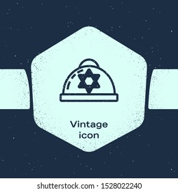 Grunge line Jewish kippah with star of david icon isolated on blue background. Jewish yarmulke hat. Monochrome vintage drawing. Vector Illustration