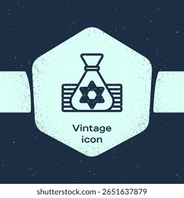 Saco de dinheiro judeu linha Grunge com estrela de ícone david isolado no fundo azul. Símbolo de moeda. Desenho vintage monocromático. Vetor