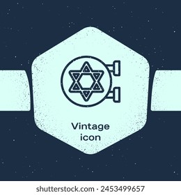 Grunge line Jewish synagogue building or jewish temple icon isolated on blue background. Hebrew or judaism construction with David star. Monochrome vintage drawing. Vector