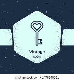Grunge line Key in heart shape icon isolated on blue background. Monochrome vintage drawing. Vector Illustration