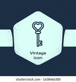 Grunge line Key in heart shape icon isolated on blue background. Monochrome vintage drawing. Vector Illustration