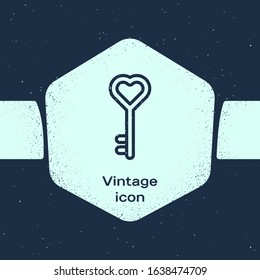 Grunge line Key in heart shape icon isolated on blue background. Valentines day. Monochrome vintage drawing. Vector Illustration