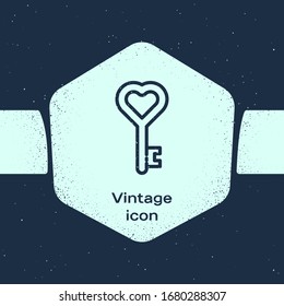 Grunge line Key in heart shape icon isolated on blue background. 8 March. International Happy Women Day. Monochrome vintage drawing. Vector Illustration