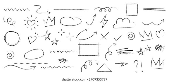 Grunge línea, rey, inicio, nube, corazón, elemento de flecha garabato línea pincel dibujado a mano boceto a lápiz. Conjunto de elementos de boceto dibujado a mano con pincel de tiza de línea de flecha. Tiza de textura, estilo lápiz de crayón
