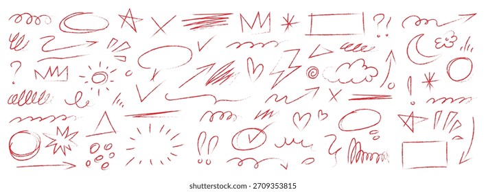 Grunge línea, rey, inicio, nube, corazón, elemento de flecha garabato línea pincel dibujado a mano boceto a lápiz. Conjunto de elementos de boceto dibujado a mano con pincel de tiza de línea de flecha. Tiza de textura, estilo lápiz de crayón