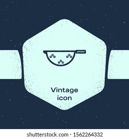 Grunge line Kitchen colander icon isolated on blue background. Cooking utensil. Cutlery sign. Monochrome vintage drawing. Vector Illustration