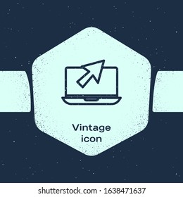 Grunge line Laptop and cursor icon isolated on blue background. Computer notebook with empty screen sign. Monochrome vintage drawing. Vector Illustration