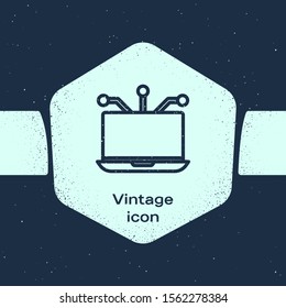 Grunge line Laptop icon isolated on blue background. Technology and devices concept.. Monochrome vintage drawing. Vector Illustration