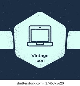 Grunge line Laptop icon isolated on blue background. Computer notebook with empty screen sign. Monochrome vintage drawing. Vector Illustration