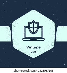 Grunge line Laptop protected with shield icon isolated on blue background. PC security, firewall technology, privacy safety. Monochrome vintage drawing. Vector Illustration