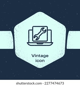 Grunge line Laptop with wrench icon isolated on blue background. Adjusting, service, setting, maintenance, repair, fixing. Monochrome vintage drawing. Vector